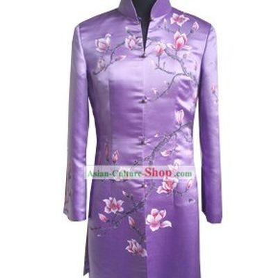 Traditional Hands Embroidered Magnolia Silk Long Coat