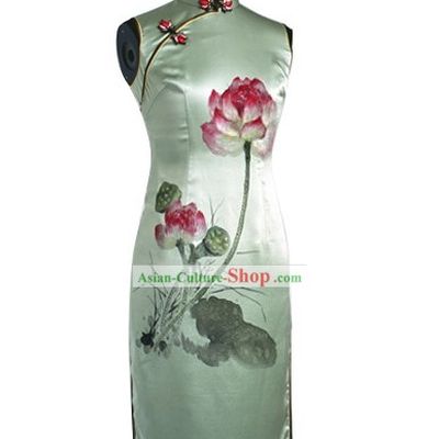 Traditional Hands Painted Lotus Silk Cheongsam