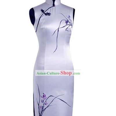 Traditional Mandarin Handmade and Painted Orchid Silk Cheongsam