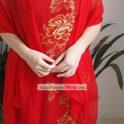 Traditional Mandarin Handmade and Painted Peony Silk Cheongsam