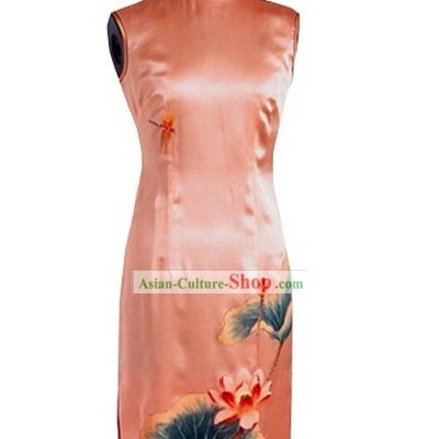 Traditional Mandarin Handmade and Painted Lotus and Dragonfly Silk Cheongsam