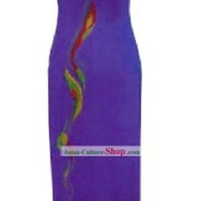 Chinese Mandarin Handmade and Embroidered Opera Mask Bare-shouldered Long Silk Cheongsam
