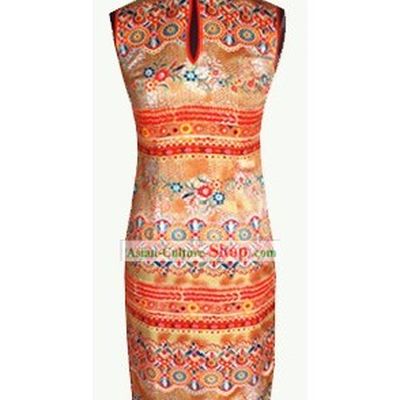 Traditional Mandarin Handmade Colorful Flowery Silk Cheongsam