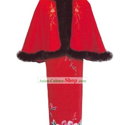 Chinese Lucky Red Handmade and Embroidered Peony Long Wedding Silk Cheongsam