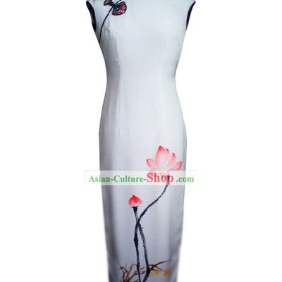 Traditional Handmade and Painted Summer Lotus Long Silk Cheongsam