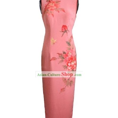Traditional Handmade and Painted Large Peony Long Silk Cheongsam