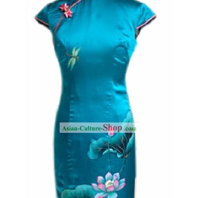 Traditional Handmade and Painted Dragonfly and Lotus Blue Silk Cheongsam
