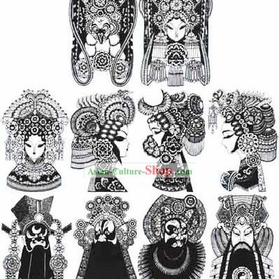 Large Chinese Traditional Handmade Opera Mask Papercut (10 pieces black and white set)