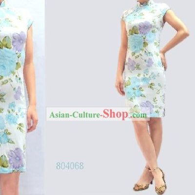 Chinese Classical White Floral Cotton Cheongsam (Qipao)