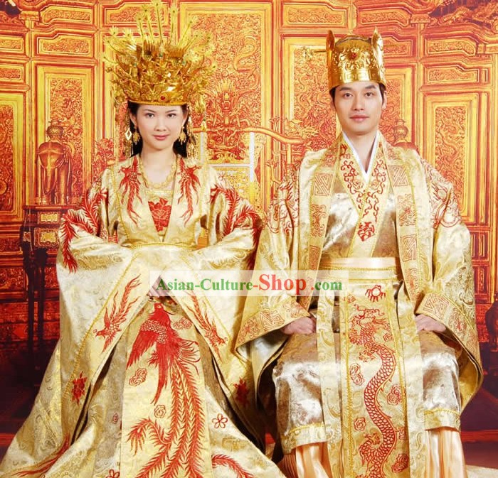 Made to Order Traditional Dragon and Phoenix Wedding Clothing and Hat Two Sets