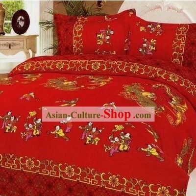 Chinese Stunning Cotton Wedding Bed Sheet Set(Four Pieces)- Have Sons Early