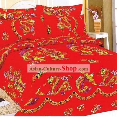 Chinese Stunning Cotton Wedding Bed Sheet Set(Four Pieces)- Dragons