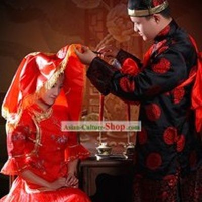 Supreme Chinese Traditional Wedding Clothing 2 Complete Sets for Bride and Bridegroom