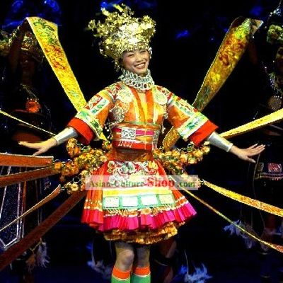 Chinese Traditional Minority Dance Costumes and Silver Crown Complete Set