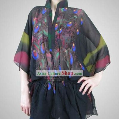Classical Peacock Original Painting Silk Blouse
