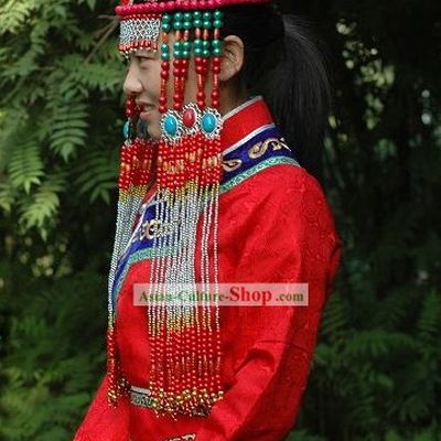 Chinese Classical Lucky Red Mongolian Wedding Dress and Hat for Bride