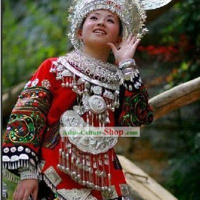 Miao Embroidery Traditional Clothes and Miao Silver Jewelry Complete Set