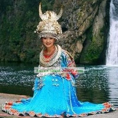 Chinese Traditional Miao Minority Clothing and Hat Complete Set