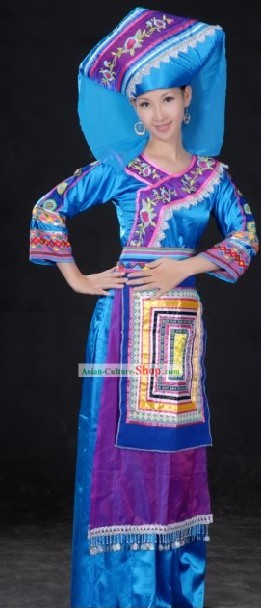 Chinese Traditional Zhuang Minority Clothing and Hat Complete Set