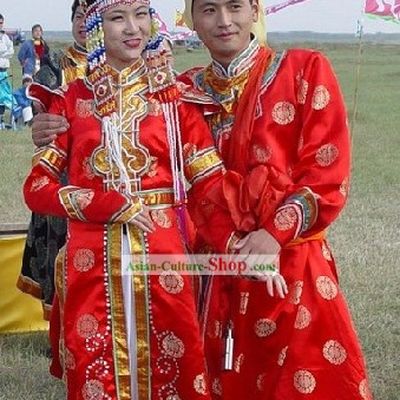 Mongolian Wedding Dress and Hat Complete Set for Bride and Bridegroom