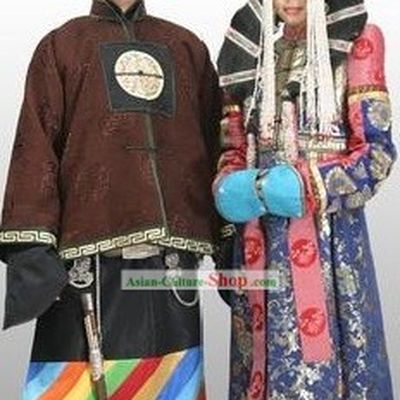 Traditional Chinese Minority Wedding Dress and Hat for Bride and Bridegroom