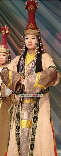 Chinese Traditional Mongolian Clothing and Hat Complete Set