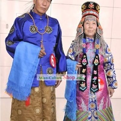 Chinese Mongolian Clothing and Mongolian Hat 2 Sets for Men and Women