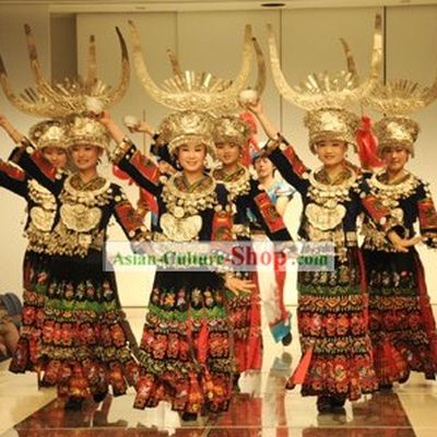 Chinese Traditional Miao Dance Costume and Miao Silver Jewlery Complete Set