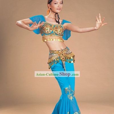 Chinese Ancient Blue Palace Dance Costume and Headpiece Complete Set