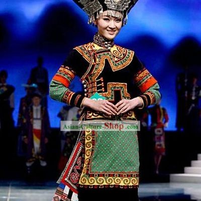 Chinese Traditional Yi Minority Dance Costumes and Hat Complete Set