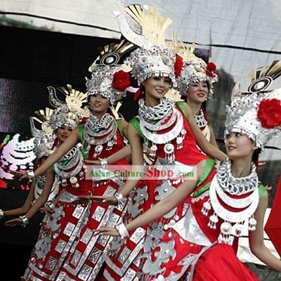 Chinese Traditional Miao Minority Costumes, Silver Helmet and Necklace Set