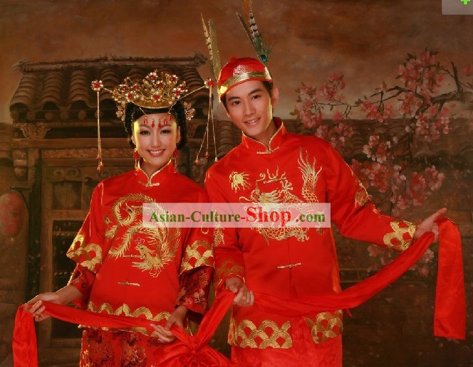 Supreme Chinese Traditional Embroidered Bride and Bridegroom Wedding Dress and Hat Complete 2 Sets