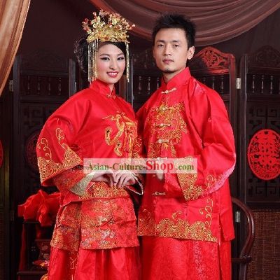 Traditional Handmade Lucky Red Long Wedding Dress for Bride and Bridegroom