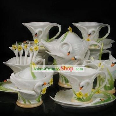 Chinese Classical Ceramic Swan Coffe Cups 21 Pieces Set