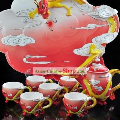 Chinese Ceramic Dragon Teapot 8 Pieces Set
