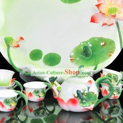 Chinese Classical Lotus and Frog Ceramic Tea Set