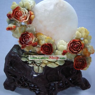 Natural Qingtian Jade Moon and Flower Sculpture