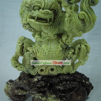 Chinese Classical Natural Qingtian Jade Lion King Sculpture