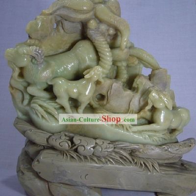 Natural Qingtian Jade Three Goats Bring Luck Sculpture