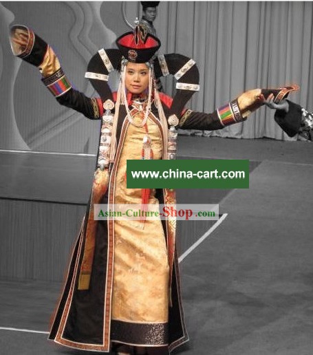 Chinese Traditional Handmade Mongolian Empress Long Robe and Hat Complete Set