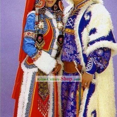 Chinese Traditional Mongolian Costume for Bride and Bridegroom