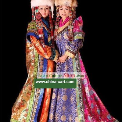 Chinese Traditional Handmade Mongolian Long Robe and Hat for Women