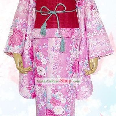 Japanese Kimono Dress, Belt, Geta and Handbag Complete Set