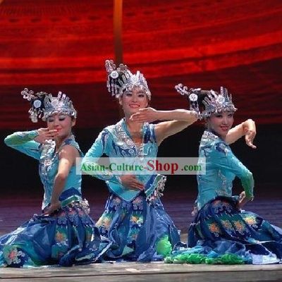 Traditional Chinese Miao Costume and Silver Hat Set