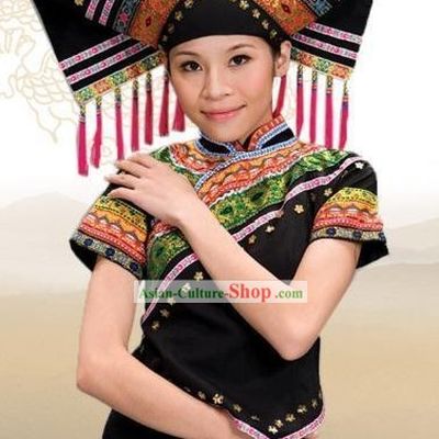 Chinese Traditional Zhuang Minority Dance Costumes and Hat for Women