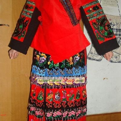 Chinese Miao Minority Embroidered Blouse and Skirt Set