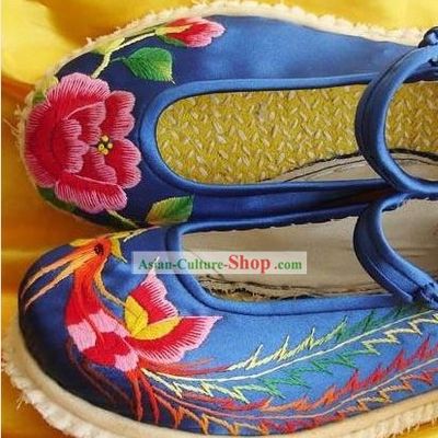 Chinese Hand Made and Embroidery Phoenix Peony Shoes