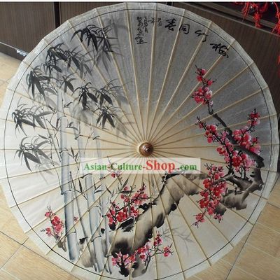 Chinese Classical Bamboo and Plum Blossom Painting Umbrella