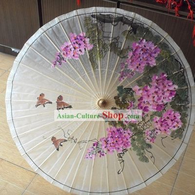 Chinese Painted Flower Bird Painting Umbrella