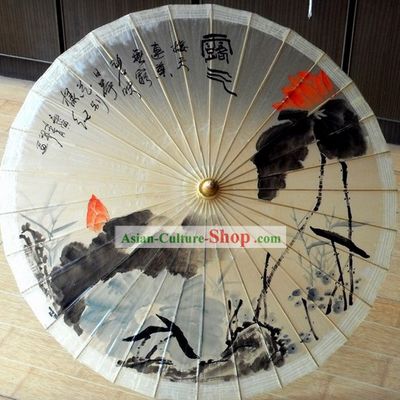 Chinese Traditional Oil Painting Lotus Display Umbrella